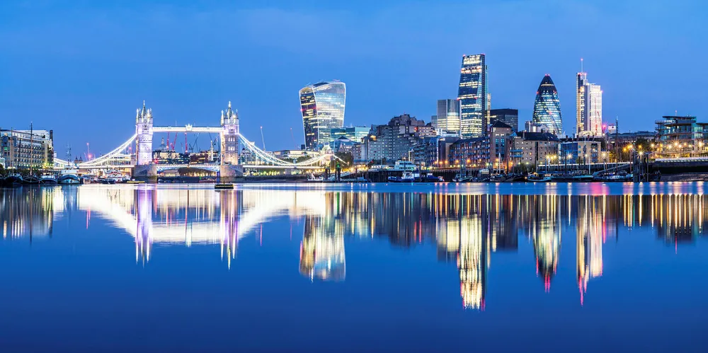 Tower Bridge and the City of London skyline, including buildings known as The Walkie-Talkie, the Cheese-grater and the Gherkin.