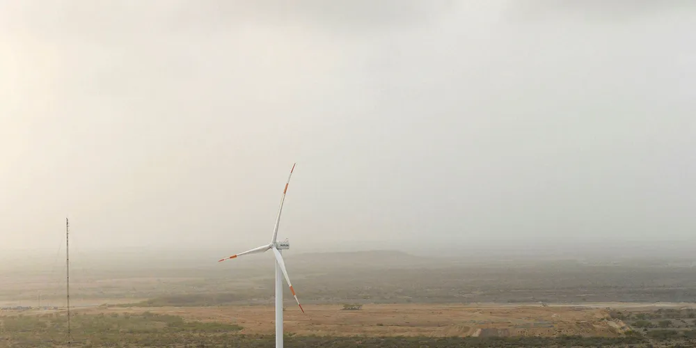 A Suzlon Energy Limited 90 metre-tall wind turbine tower stands in the remote desert region of Jamanwada Vayor, near the Naliya region of Kutch, some 550 kms from capital Ahmedabad