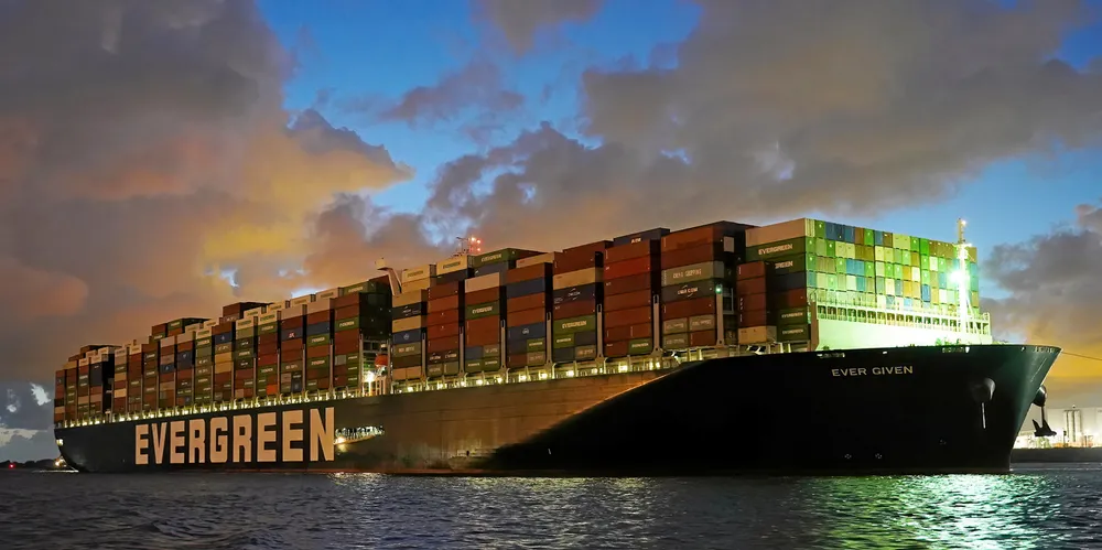 The 20,388-teu Ever Given (built 2018) arrives at the Port of Rotterdam.