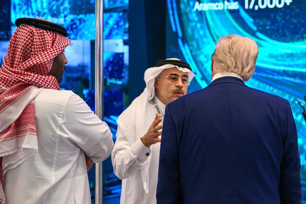 US President Donald Trump (right) and Saudi Crown Prince Mohammed bin Salman (left) speak with Saudi Aramco chief executive Amin Nasser in Riyadh on Tuesday.