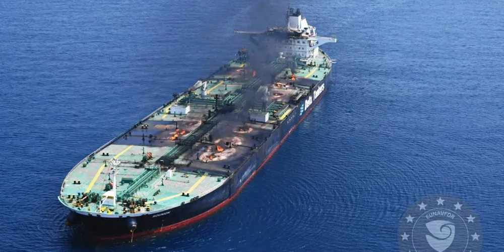 Black smoke from fires on the deck of the 163,800-dwt Sounion (built 2006) was still rising on 2 September.
