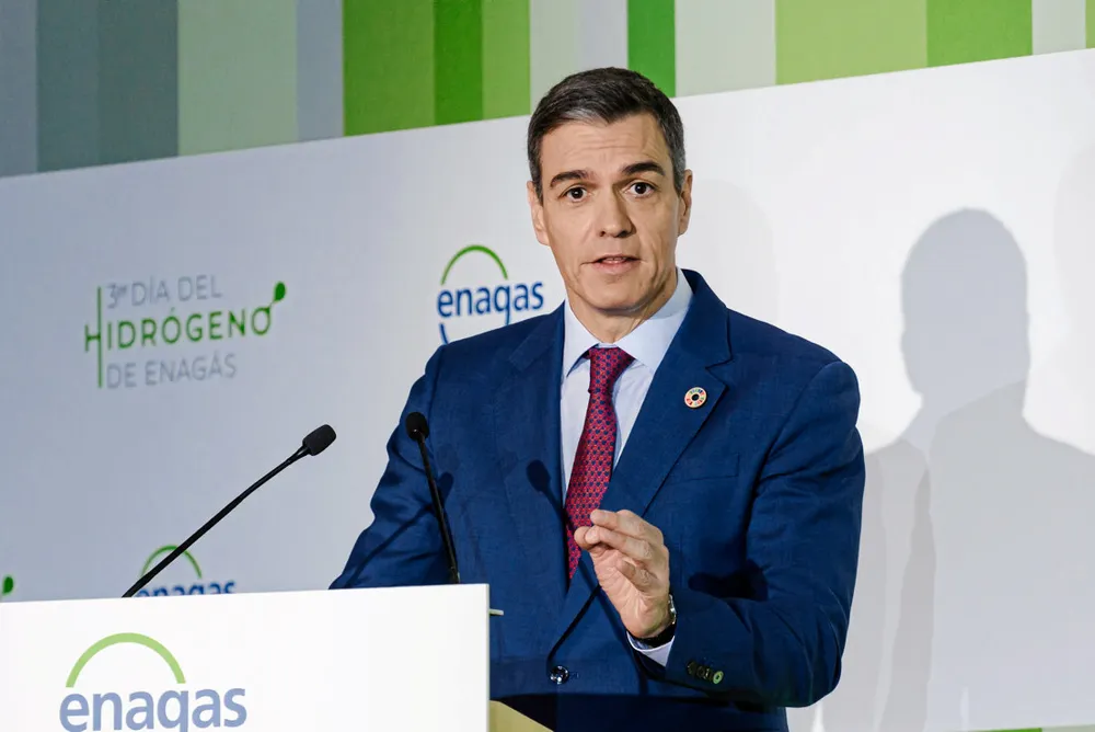 Spain's Prime Minister Pedro Sanchez delivering an address to the Enagas Hydrogen Day event.