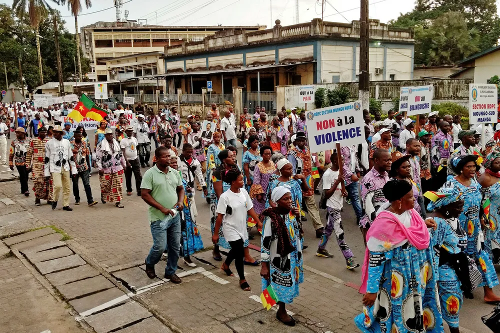 Konflikten mellom de fransk- og engelsktalende regionene i Kamerun har gått på både helsen og nettforbindelsen løs. Her viser demonstranter sin misnøye i byen Douala i fjor. Foto: Joel Kouam/Reuters/NTB Scanpix