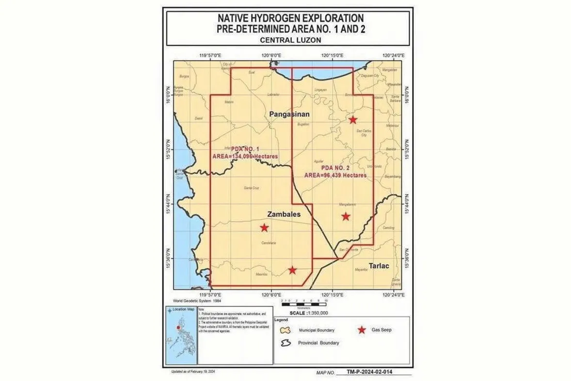 The two natural-hydrogen exploration zones, with locations of H2 'gas seeps' marked with red stars.