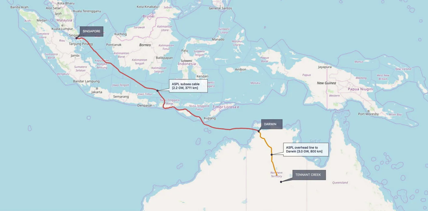 Il collegamento elettrico Australia-Singapore si svilupperebbe per 800 km sulla terraferma e 4.300 km sotto il mare.