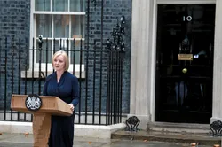Former Prime Minister Liz Truss gives a speech at Downing Street in London.